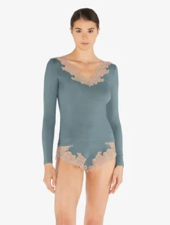 Cashmere Blend Ribbed Long-sleeved Top In Sleepy Dream With Frastaglio