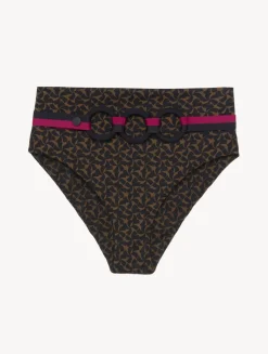 High-waisted Belted Bikini Briefs In Dark Green And Black