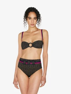 High-waisted Belted Bikini Briefs In Dark Green And Black