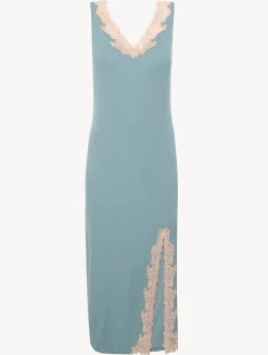 Long Cashmere Blend Ribbed Nightgown In Sleepy Dream With Frastaglio