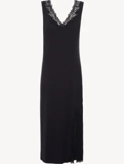 Long Cashmere Blend Ribbed Nightgown In Onyx With Frastaglio