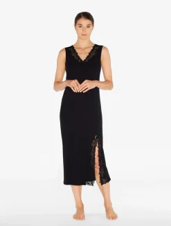 Long Cashmere Blend Ribbed Nightgown In Onyx With Frastaglio