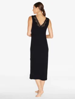 Long Cashmere Blend Ribbed Nightgown In Onyx With Frastaglio