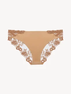 Medium Brief In Beige Lycra With Embroidered Tulle