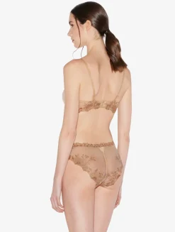 Medium Brief In Beige Lycra With Embroidered Tulle