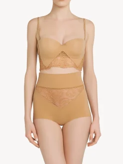 Nude Lycra Control Fit High-waist Briefs With Chantilly Lace