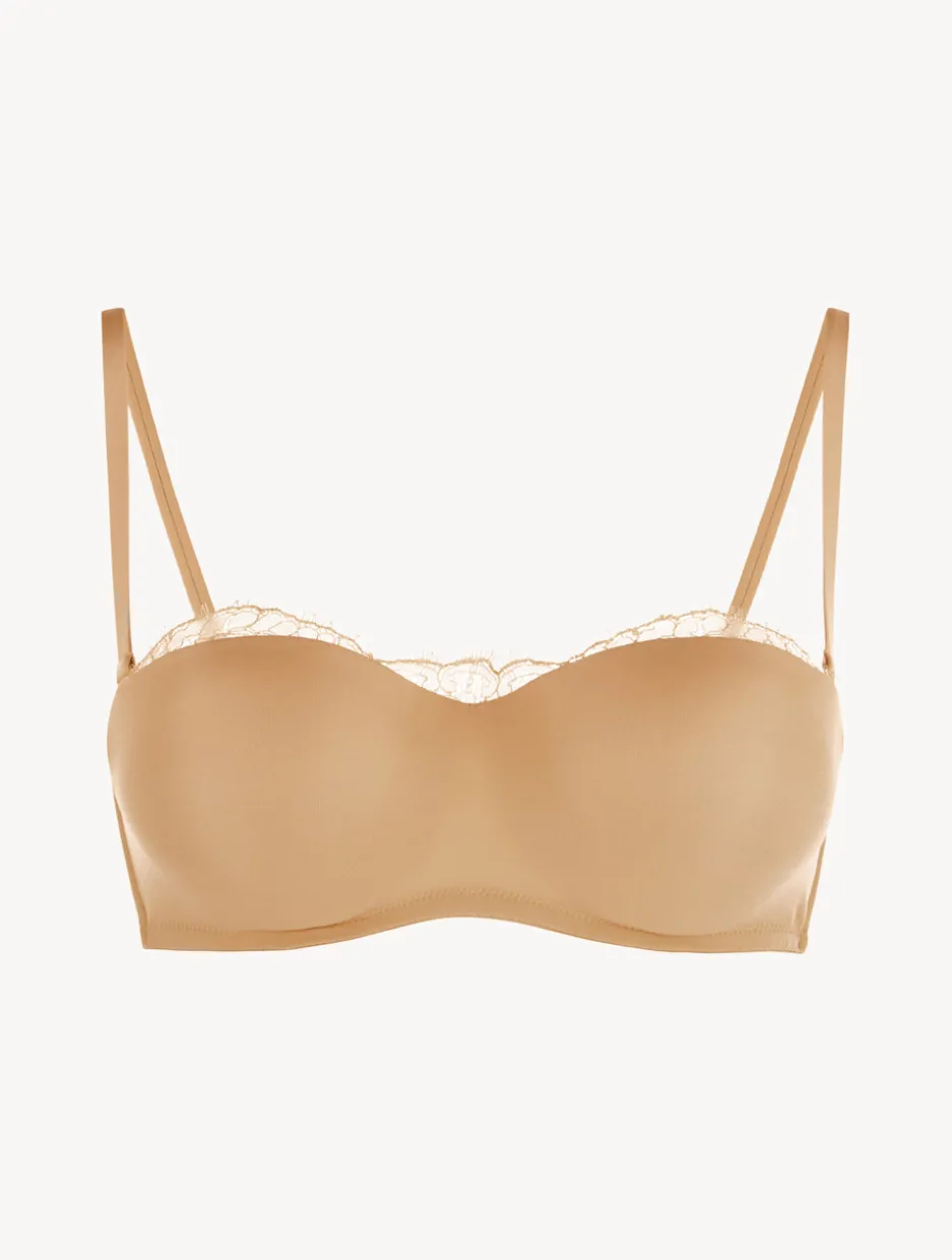Nude Lycra Strapless Bandeau Bra With Chantilly Lace