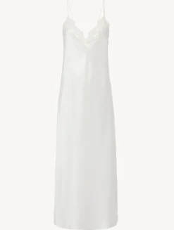 Off-white Silk Long Nightgown With Macramé