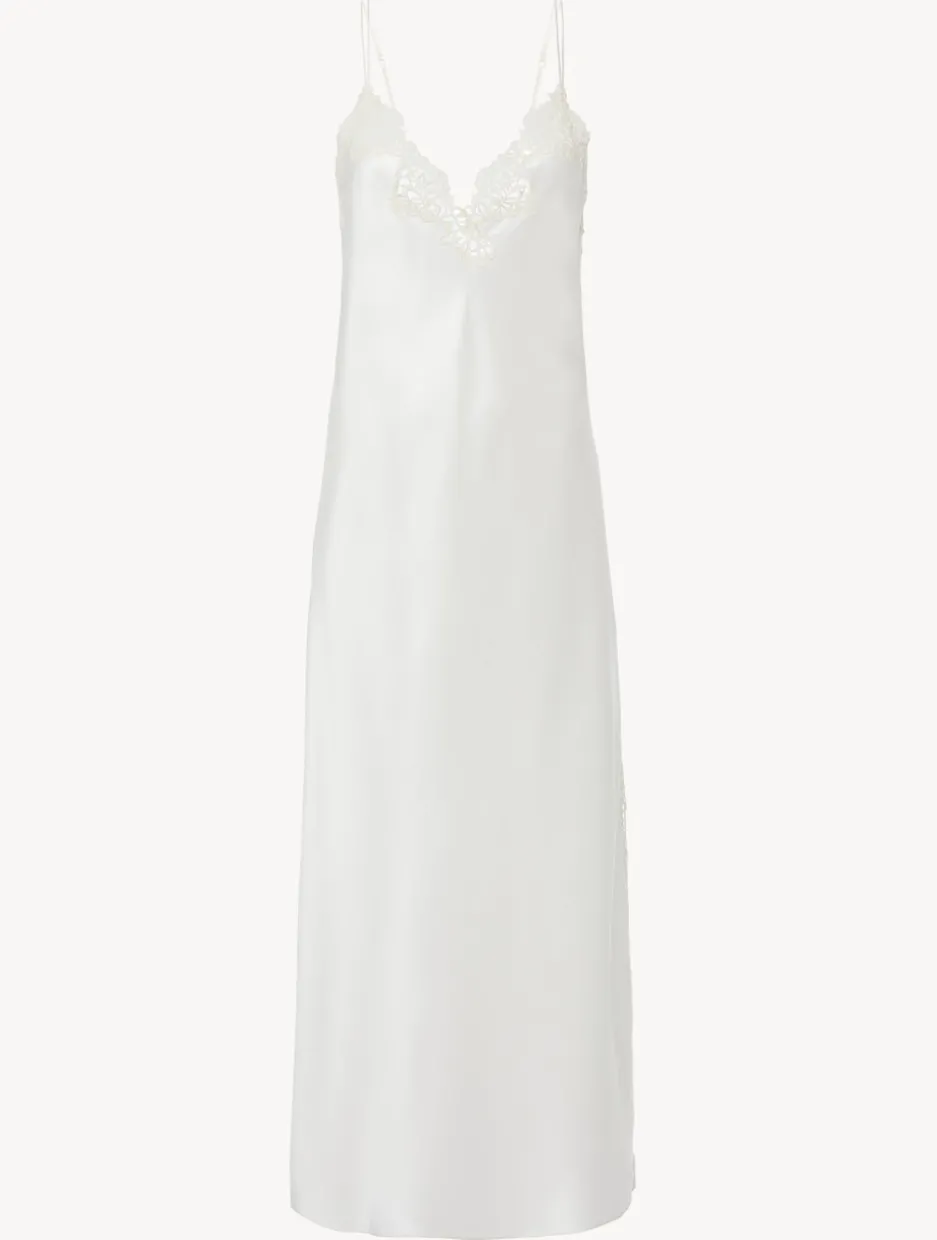Off-white Silk Long Nightgown With Macramé