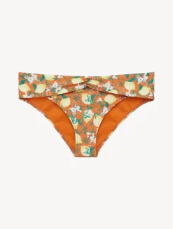 Orange Printed Bikini Brief With Draped Waist