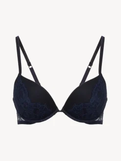 Push-Up Bra In Steel Blue And Black With Leavers Lace