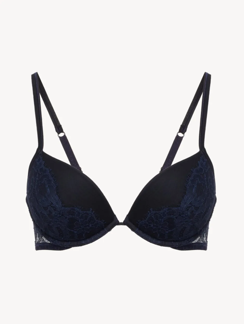 Push-Up Bra In Steel Blue And Black With Leavers Lace