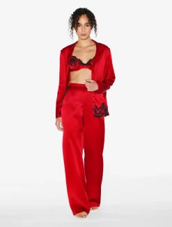 Red Silk Long Pajamas With Frastaglio