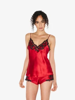 Red Silk Satin Sleep Shorts With Frastaglio