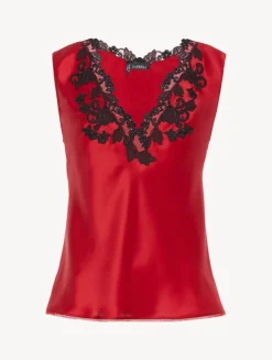 Red Silk Satin Top With Frastaglio