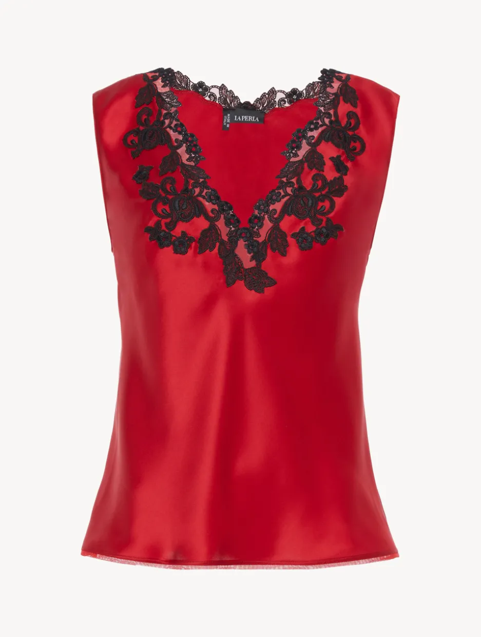 Red Silk Satin Top With Frastaglio