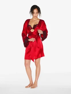 Red Silk Short Robe With Frastaglio