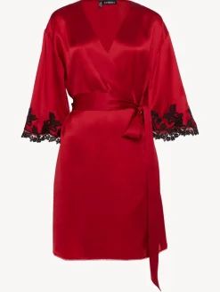 Red Silk Short Robe With Black Frastaglio