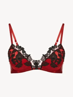 Red Silk Triangle Bra With Black Frastaglio