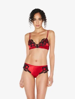 Red Silk Triangle Bra With Black Frastaglio