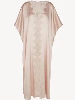 Rose Beige Long Silk Robe With Macramé