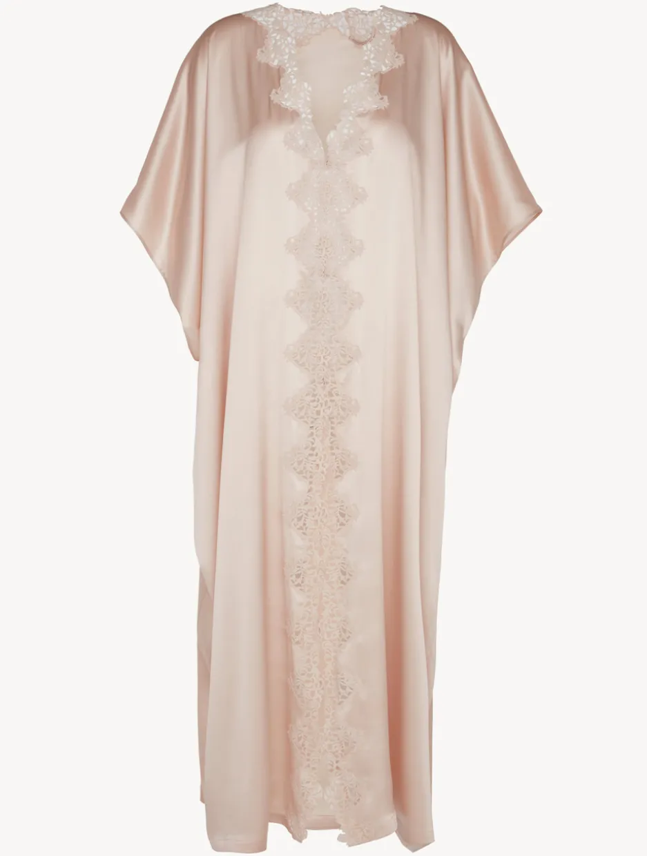 Rose Beige Long Silk Robe With Macramé