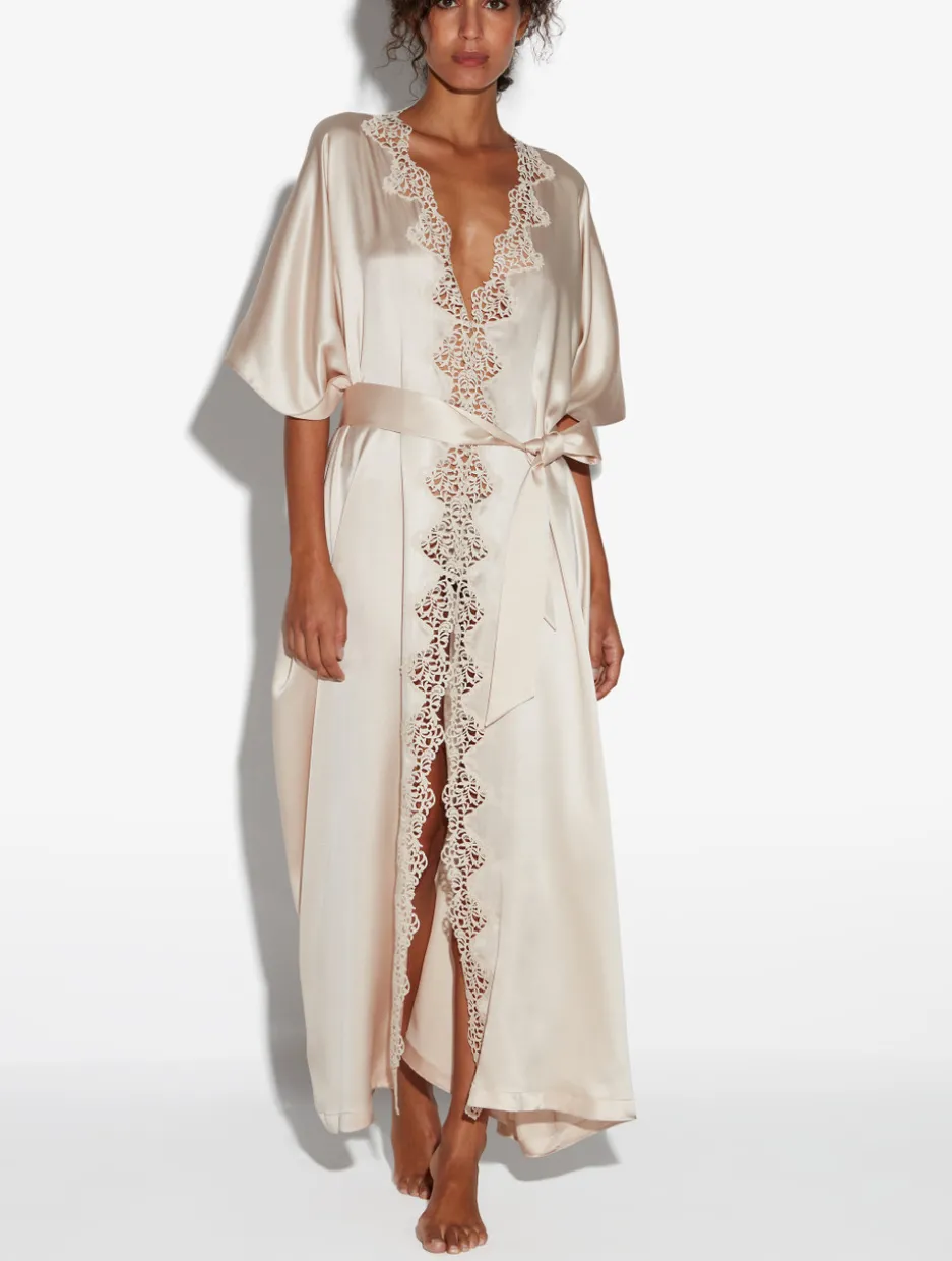 Rose Beige Long Silk Robe With Macramé