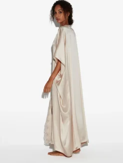 Rose Beige Long Silk Robe With Macramé