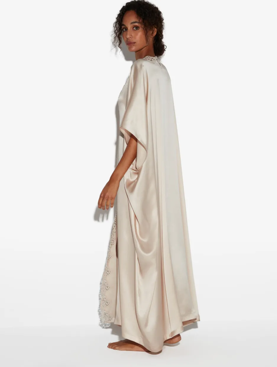Rose Beige Long Silk Robe With Macramé