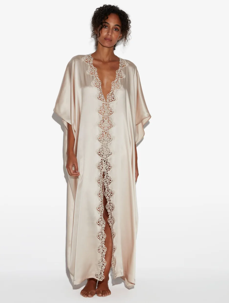 Rose Beige Long Silk Robe With Macramé