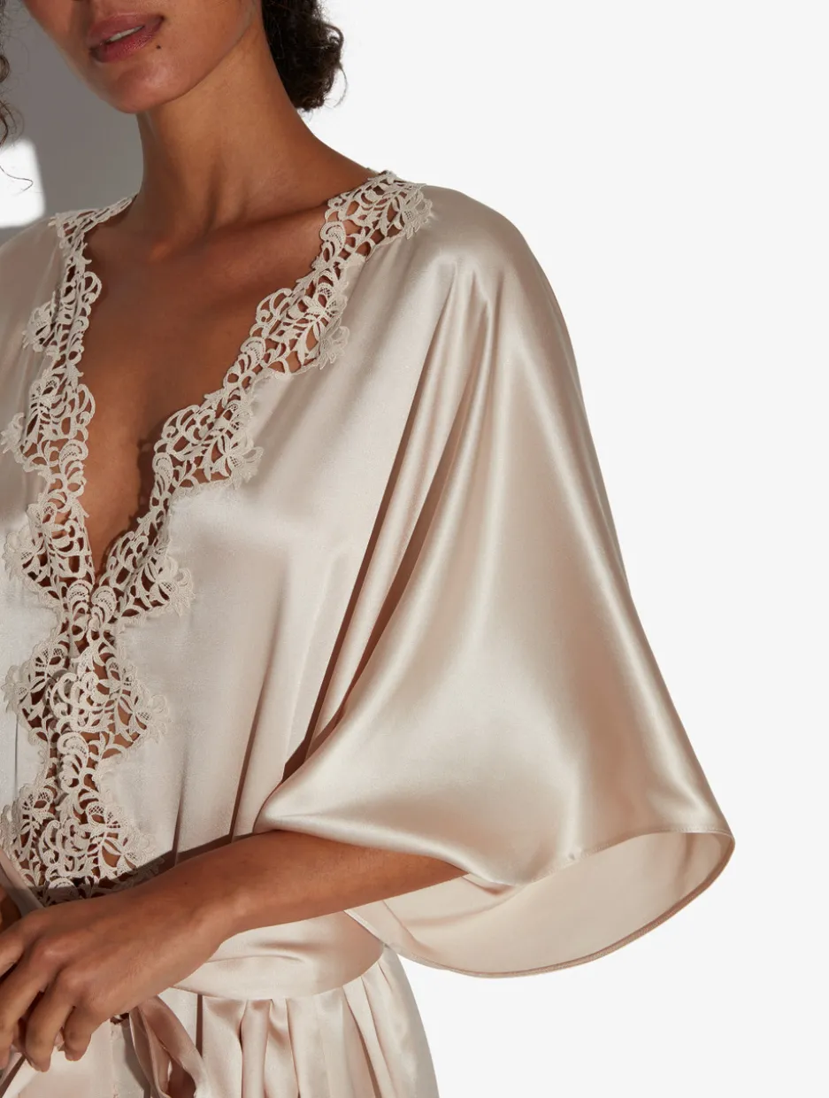 Rose Beige Long Silk Robe With Macramé