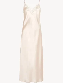 Rose Beige Silk Long Nightgown With Macramé