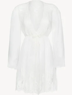 Short Robe In Off White With Cotton Leavers Lace