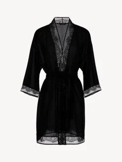 Short Silk Robe With Leavers Lace