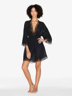 Short Silk Robe With Leavers Lace