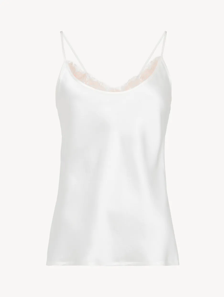 Silk Camisole Top With Leavers Lace In White