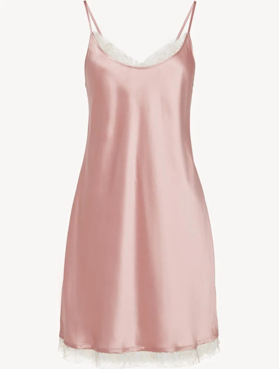 Silk Slip With Leavers Lace In Pink
