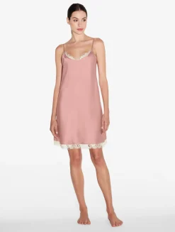 Silk Slip With Leavers Lace In Pink