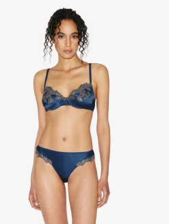 Silk Underwired Bra In Blue With Frastaglio