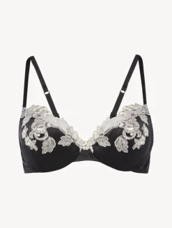 Silk Underwired Bra In Black With Ivory Frastaglio