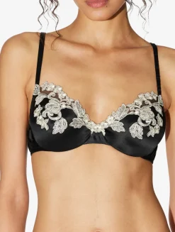 Silk Underwired Bra In Black With Ivory Frastaglio