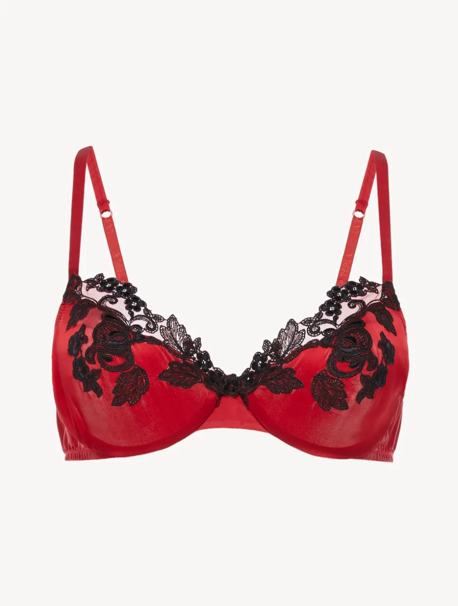 Silk Underwired Bra In Red With Black Frastaglio