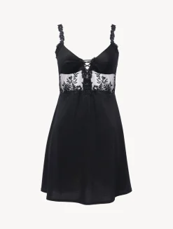 Slip Dress In Black Modal With Embroidered Tulle