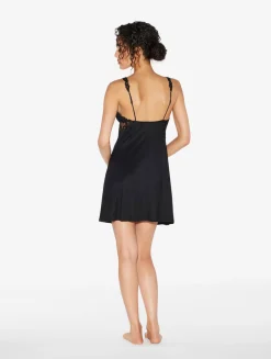 Slip Dress In Black Modal With Embroidered Tulle