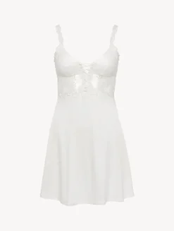 Slip Dress In Off-white Modal With Embroidered Tulle