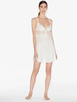 Slip Dress In Off-white Modal With Embroidered Tulle