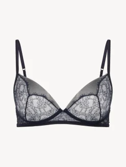 Soft Bralette In Steel Blue And Black With Leavers Lace