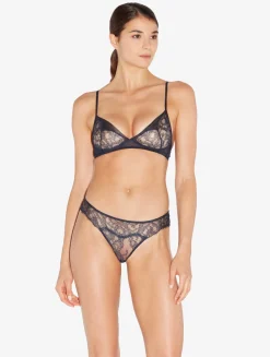 Soft Bralette In Steel Blue And Black With Leavers Lace