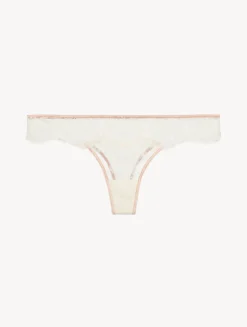 Thong In Linen And Nude Rose With Leavers Lace