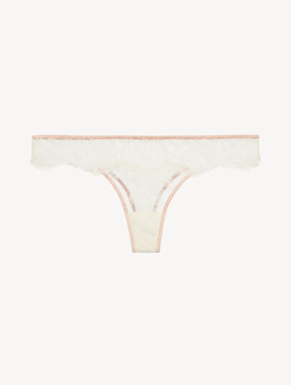 Thong In Linen And Nude Rose With Leavers Lace